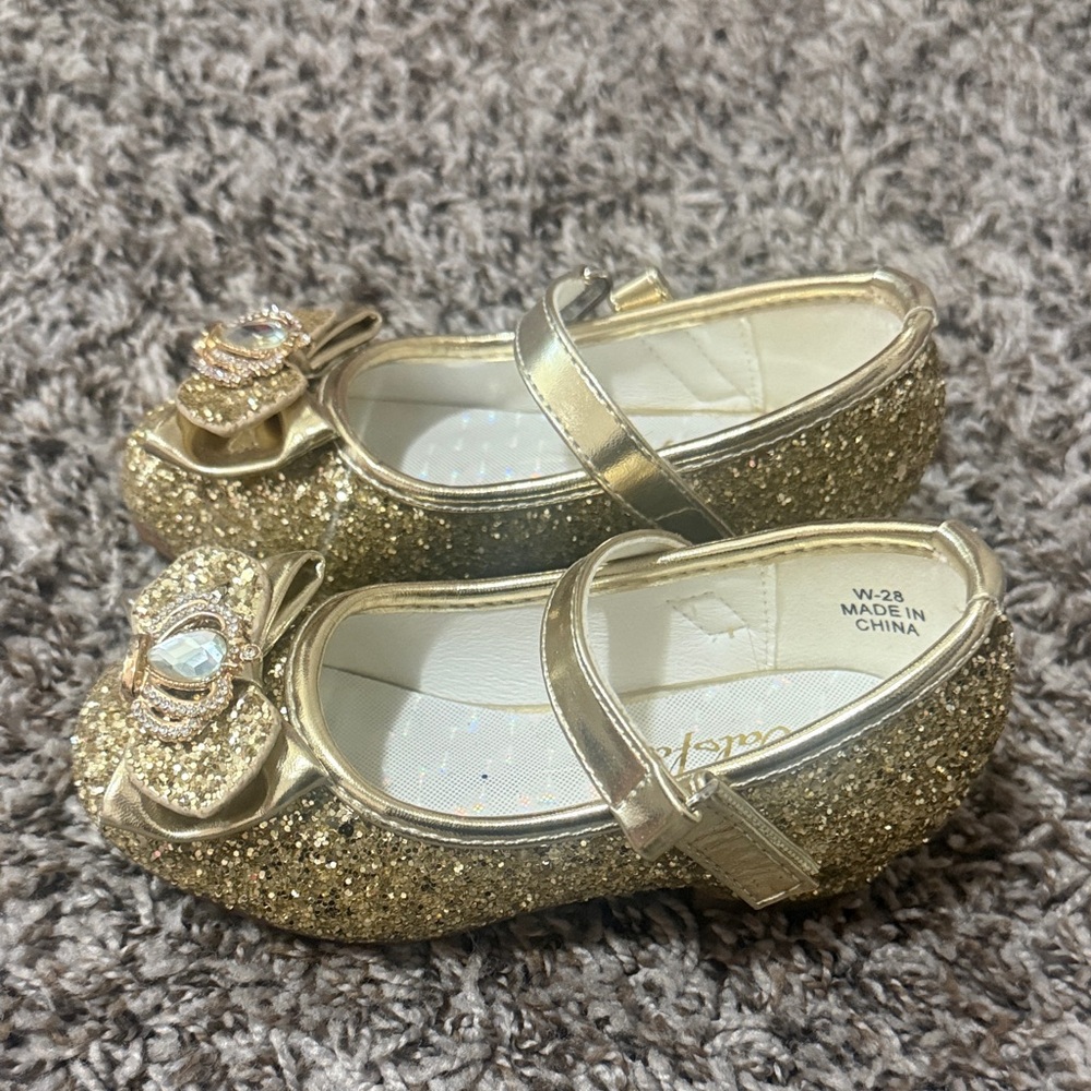 Princess Gold Glitter Mary Jane Shoes with Gem Bow